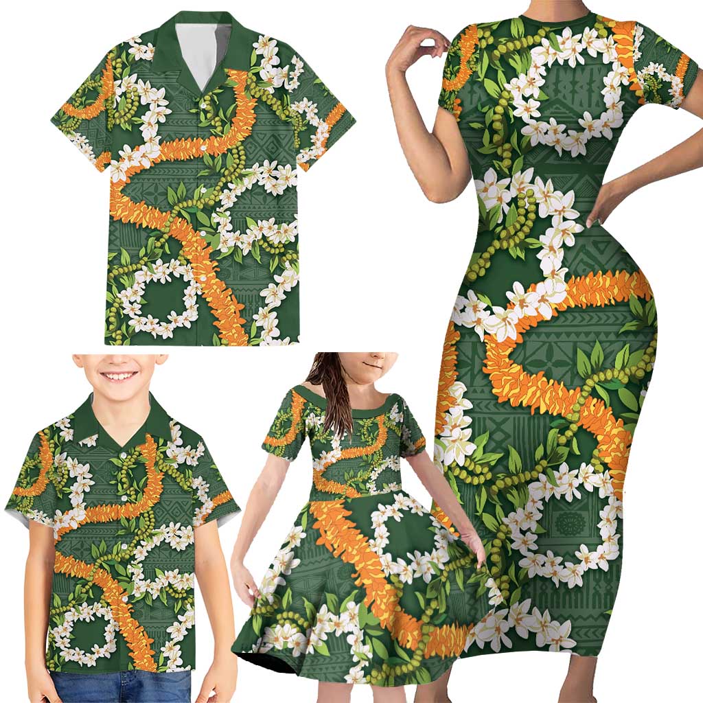 Aloha Festive Hawaii Family Matching Short Sleeve Bodycon Dress and Hawaiian Shirt Mokihana - Maile and Ilima on Forest Green - Polynesian Pride