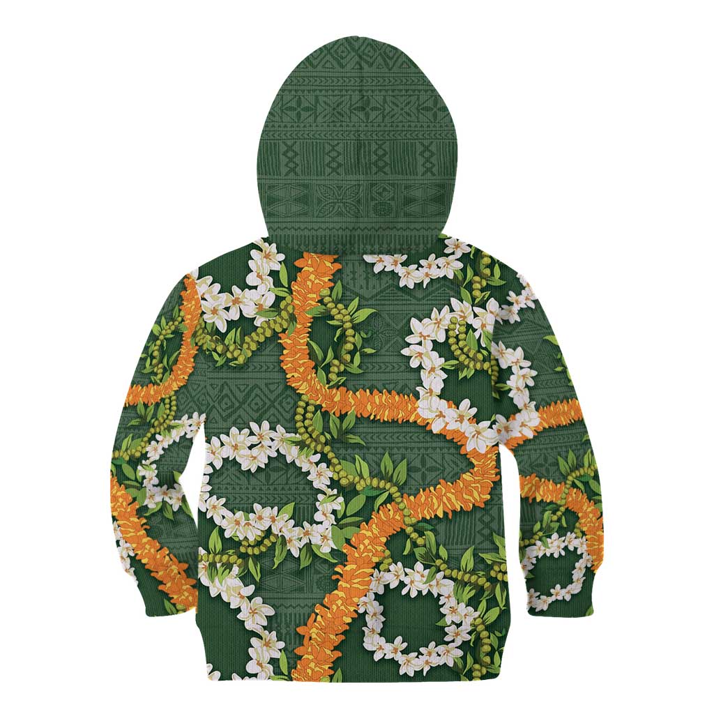 Aloha Festive Hawaii Kid Hoodie Mokihana - Maile and Ilima on Forest Green - Polynesian Pride