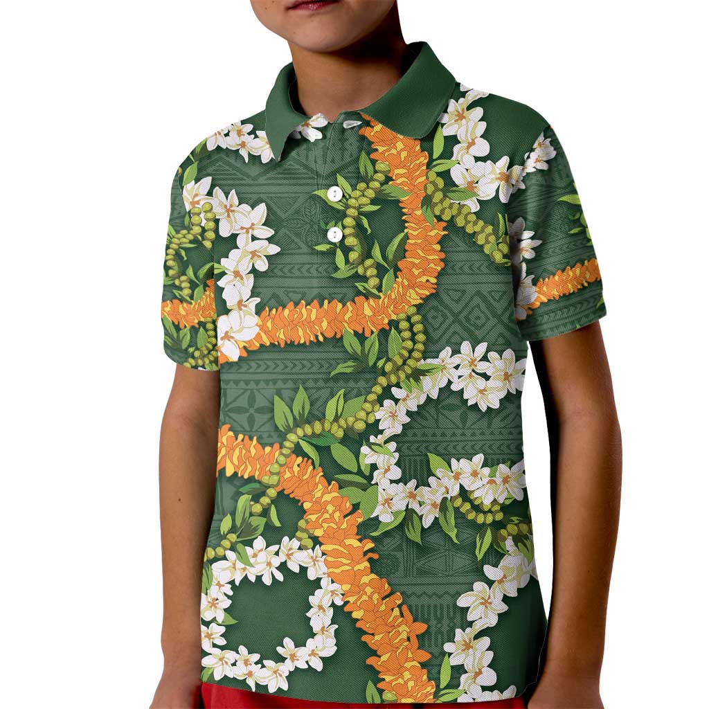 Aloha Festive Hawaii Kid Polo Shirt Mokihana - Maile and Ilima on Forest Green - Polynesian Pride