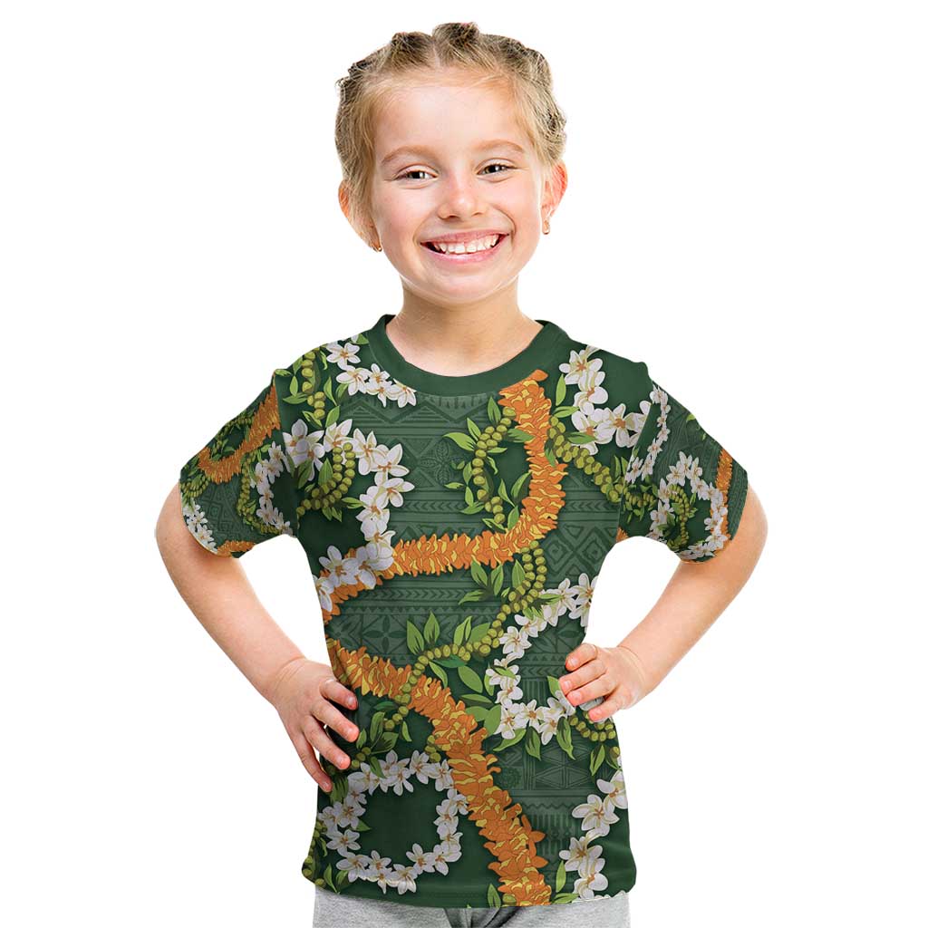 Aloha Festive Hawaii Kid T Shirt Mokihana - Maile and Ilima on Forest Green LT7 Forest Green - Polynesian Pride