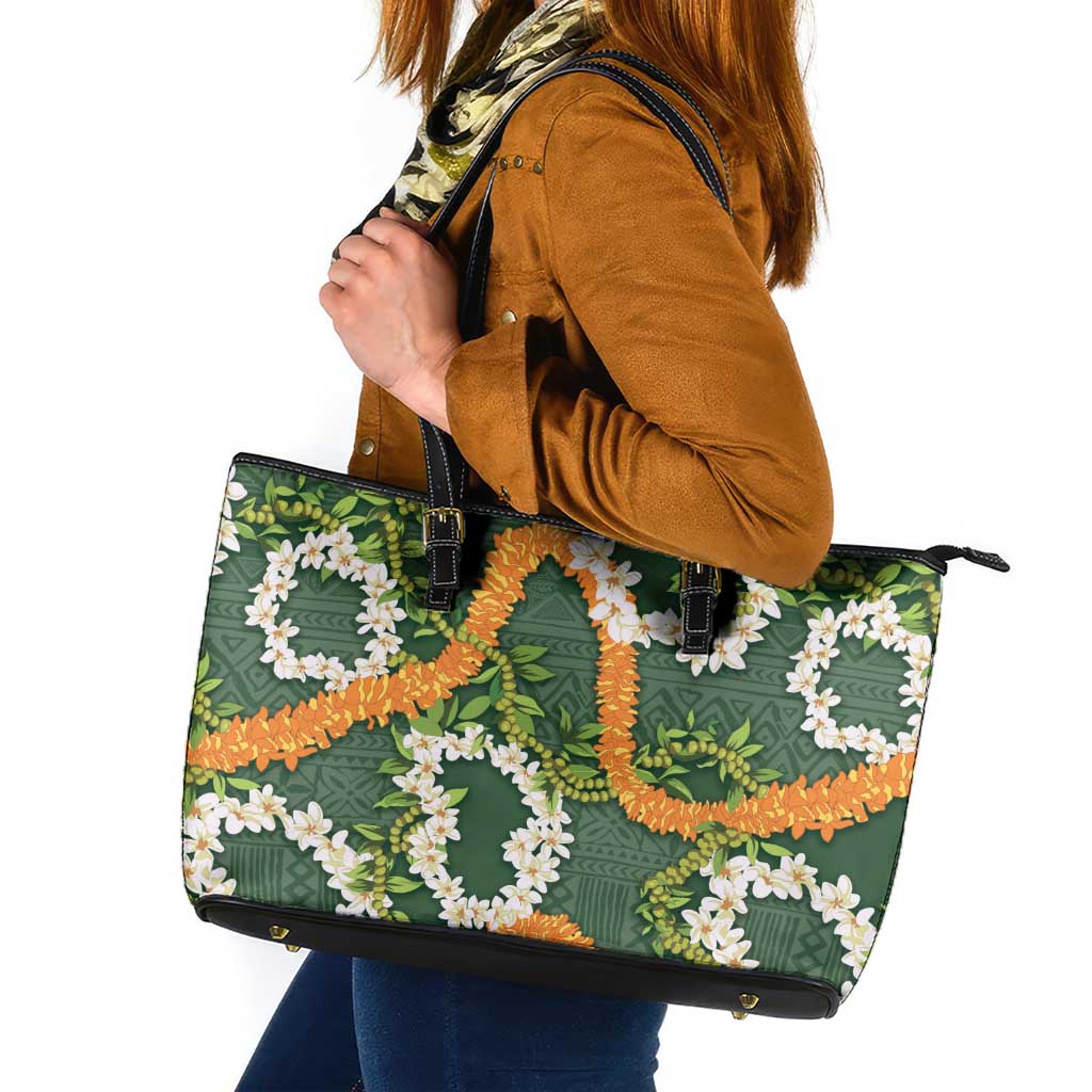 Aloha Festive Hawaii Leather Tote Bag Mokihana - Maile and Ilima on Forest Green LT7 Forest Green - Polynesian Pride