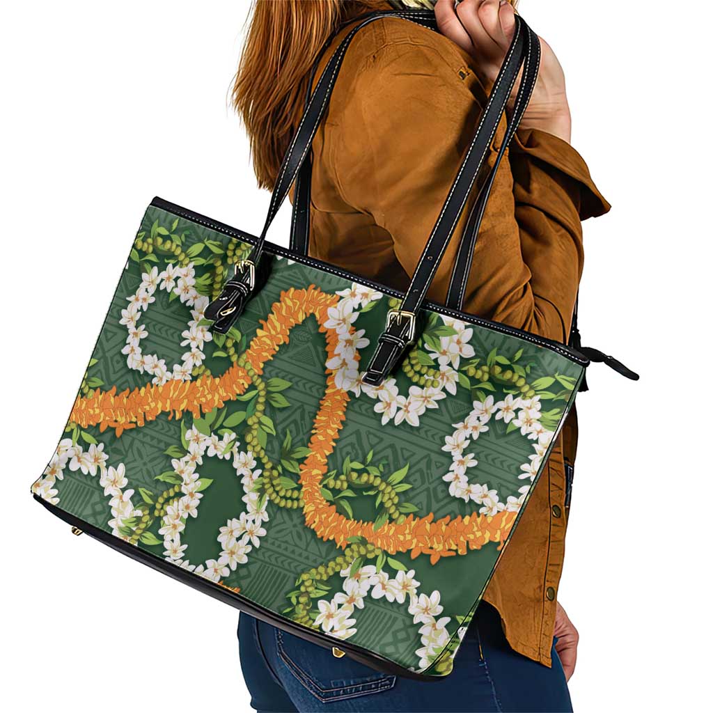 Aloha Festive Hawaii Leather Tote Bag Mokihana - Maile and Ilima on Forest Green - Polynesian Pride