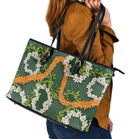 Aloha Festive Hawaii Leather Tote Bag Mokihana - Maile and Ilima on Forest Green - Polynesian Pride