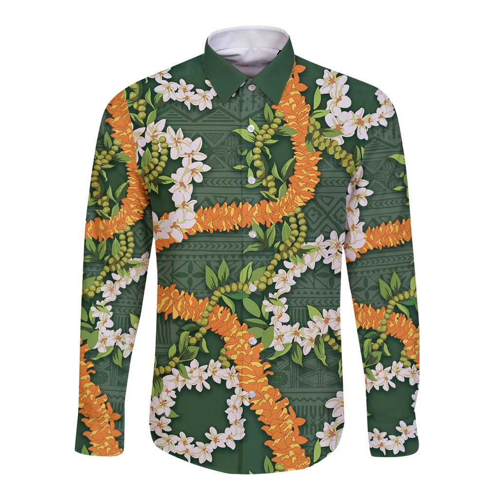Aloha Festive Hawaii Long Sleeve Button Shirt Mokihana - Maile and Ilima on Forest Green - Polynesian Pride