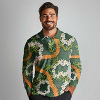 Aloha Festive Hawaii Long Sleeve Polo Shirt Mokihana - Maile and Ilima on Forest Green - Polynesian Pride