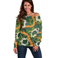 Aloha Festive Hawaii Off Shoulder Sweater Mokihana - Maile and Ilima on Forest Green - Polynesian Pride