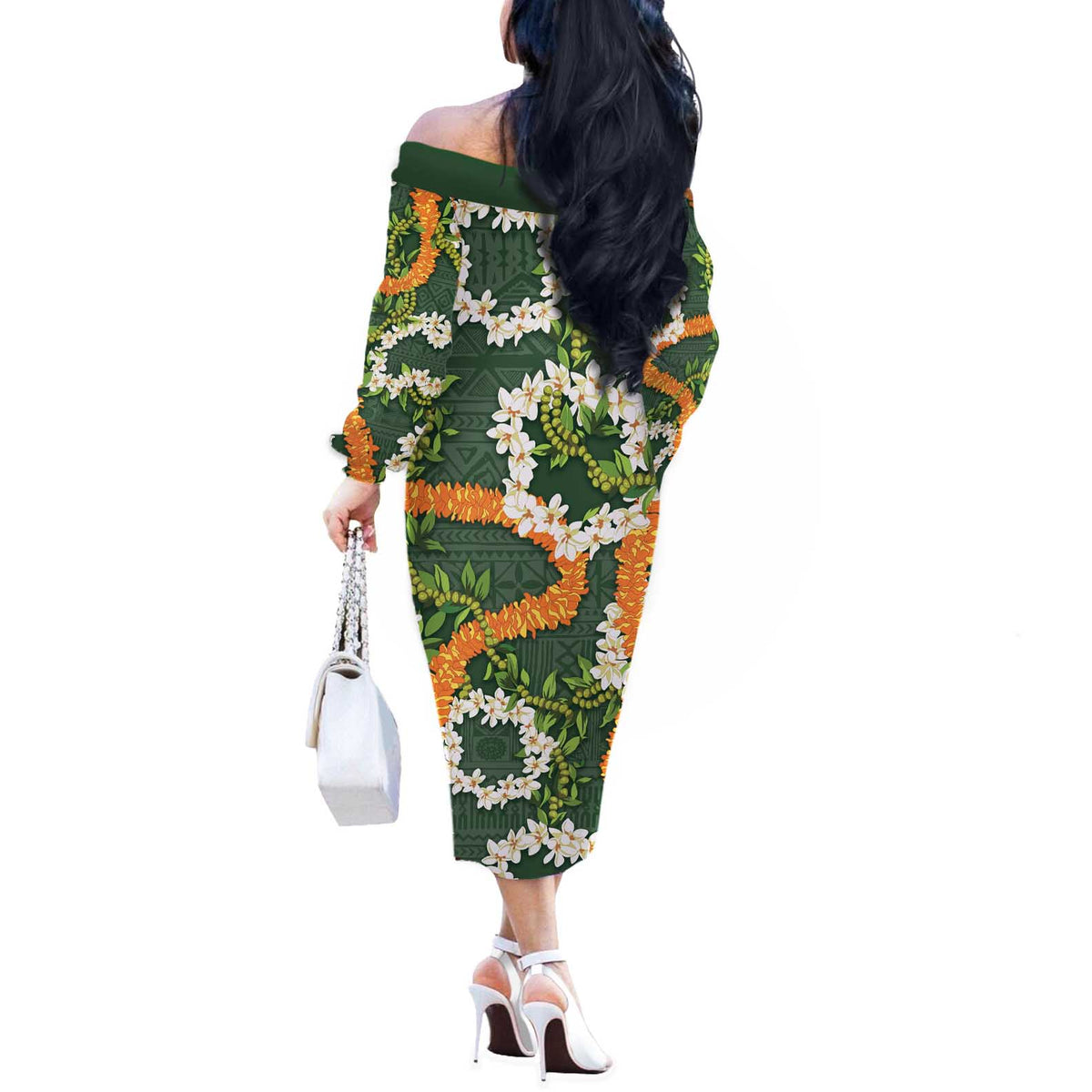 Aloha Festive Hawaii Off The Shoulder Long Sleeve Dress Mokihana - Maile and Ilima on Forest Green - Polynesian Pride