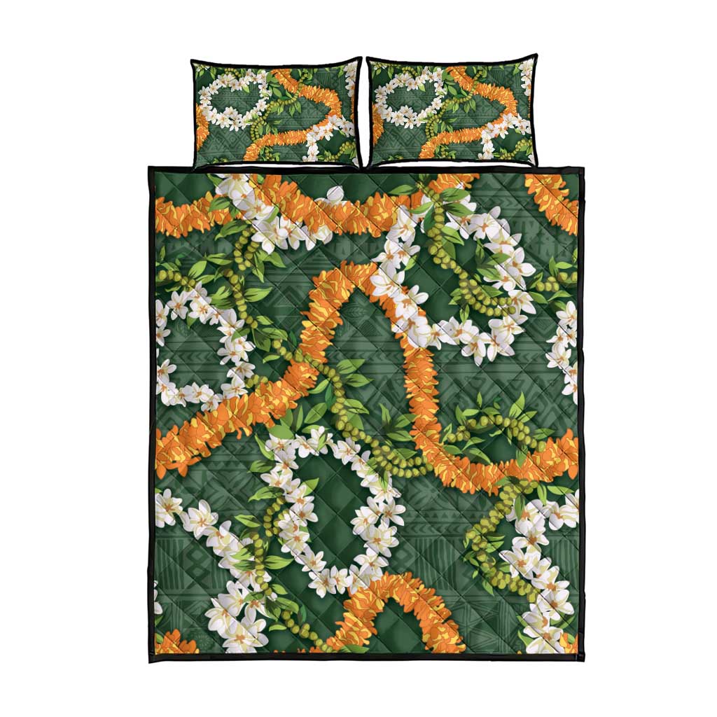Aloha Festive Hawaii Quilt Bed Set Mokihana - Maile and Ilima on Forest Green - Polynesian Pride