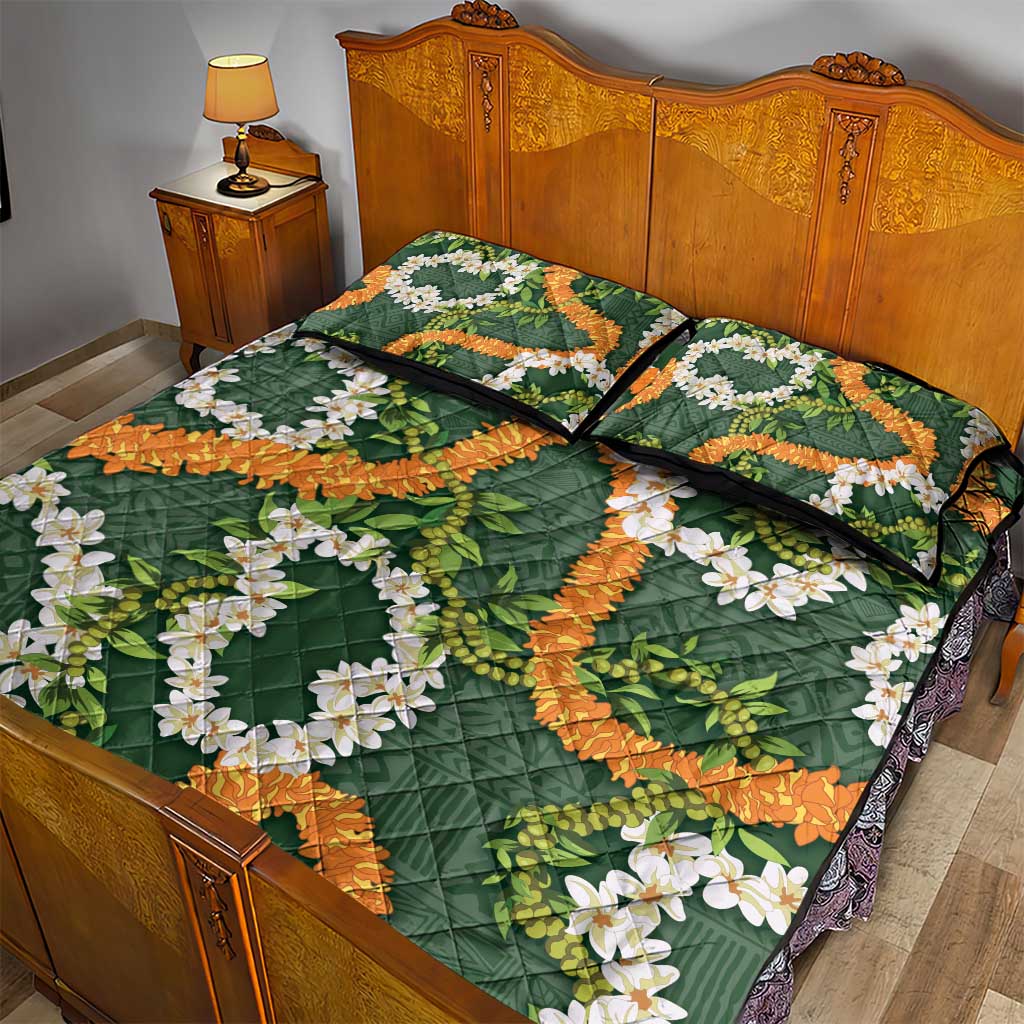 Aloha Festive Hawaii Quilt Bed Set Mokihana - Maile and Ilima on Forest Green - Polynesian Pride
