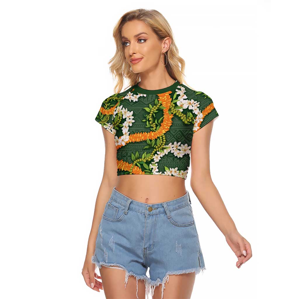 Aloha Festive Hawaii Raglan Cropped T Shirt Mokihana - Maile and Ilima on Forest Green LT7 Female Forest Green - Polynesian Pride