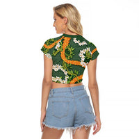 Aloha Festive Hawaii Raglan Cropped T Shirt Mokihana - Maile and Ilima on Forest Green - Polynesian Pride