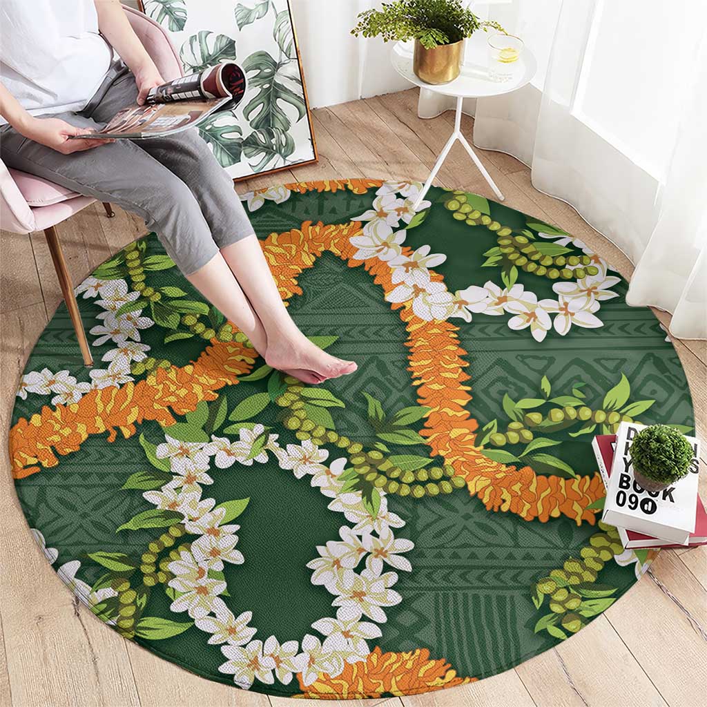Aloha Festive Hawaii Round Carpet Mokihana - Maile and Ilima on Forest Green - Polynesian Pride