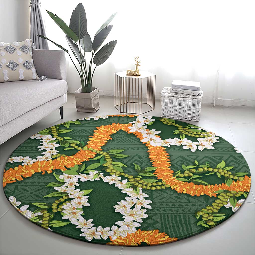 Aloha Festive Hawaii Round Carpet Mokihana - Maile and Ilima on Forest Green - Polynesian Pride