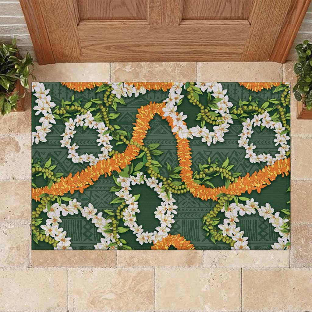 Aloha Festive Hawaii Rubber Doormat Mokihana - Maile and Ilima on Forest Green - Polynesian Pride