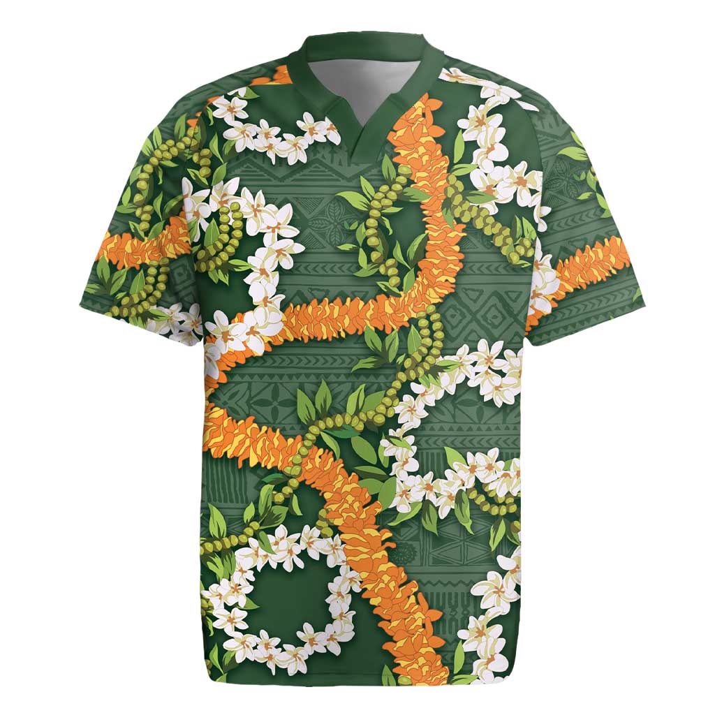 Aloha Festive Hawaii Rugby Jersey Mokihana - Maile and Ilima on Forest Green - Polynesian Pride