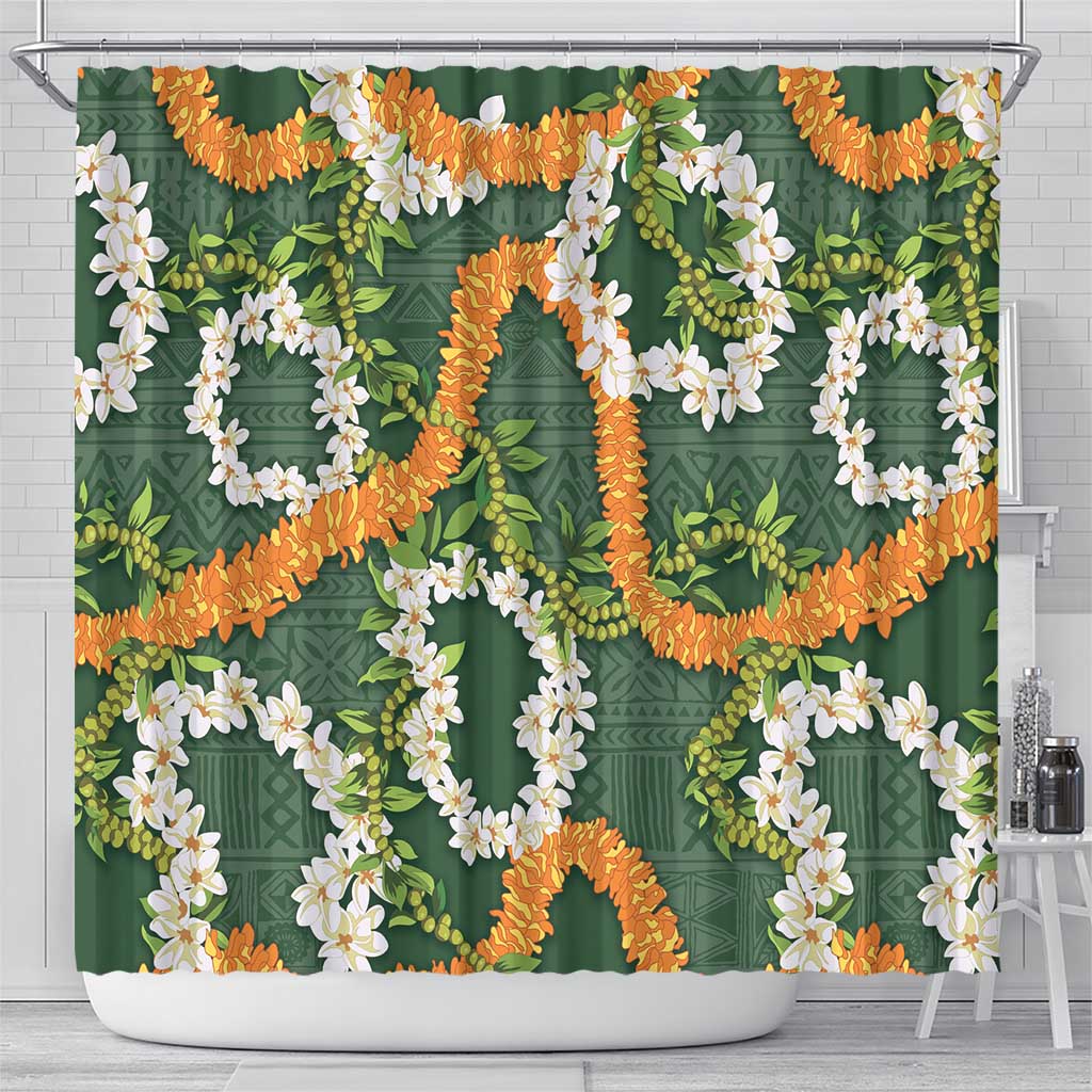 Aloha Festive Hawaii Shower Curtain Mokihana - Maile and Ilima on Forest Green LT7 - Polynesian Pride