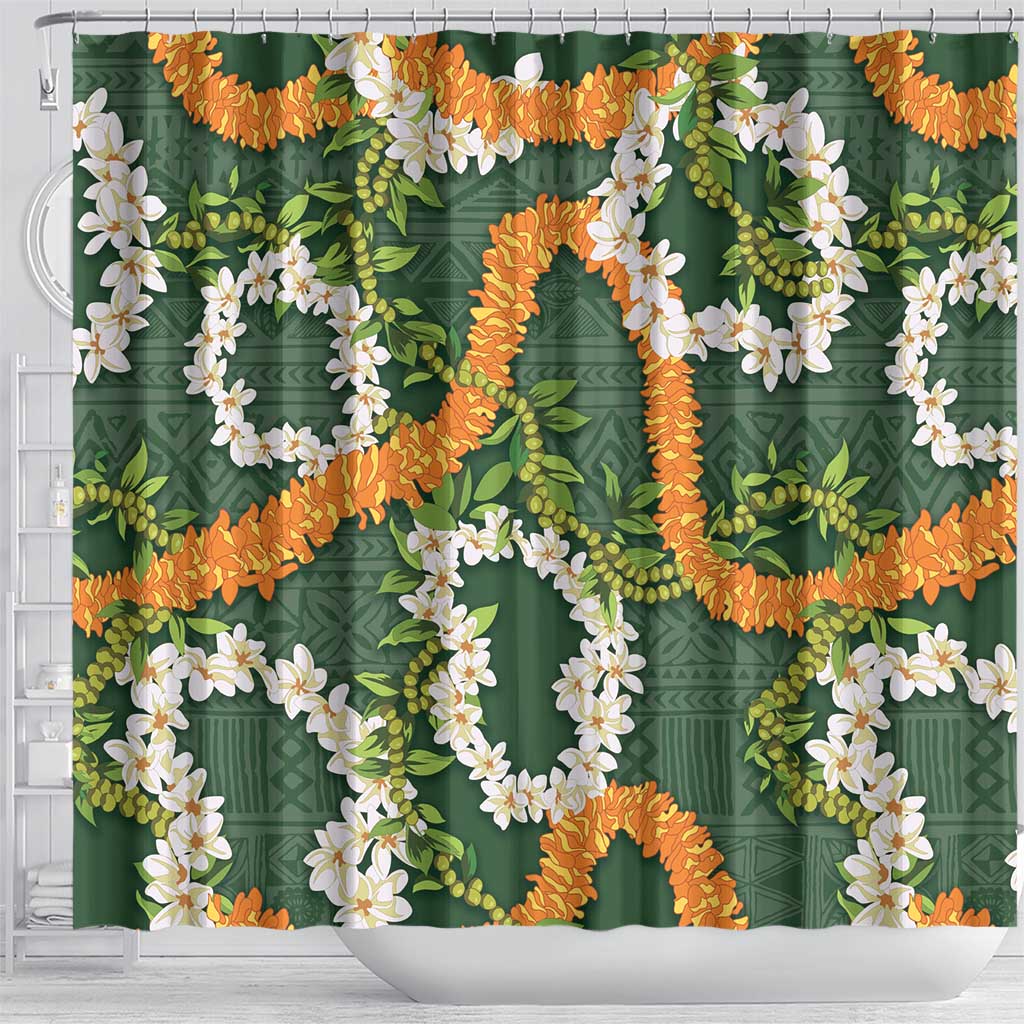 Aloha Festive Hawaii Shower Curtain Mokihana - Maile and Ilima on Forest Green LT7 - Polynesian Pride
