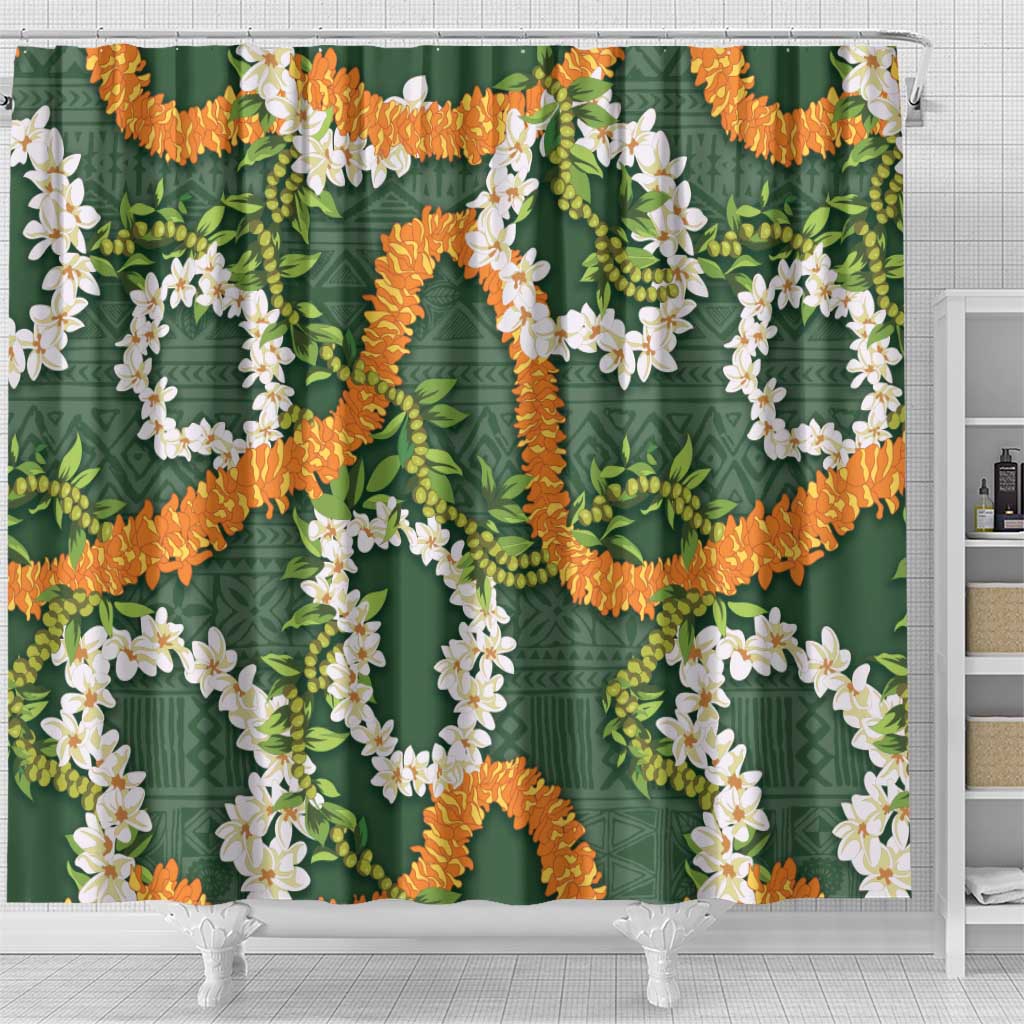 Aloha Festive Hawaii Shower Curtain Mokihana - Maile and Ilima on Forest Green LT7 - Polynesian Pride