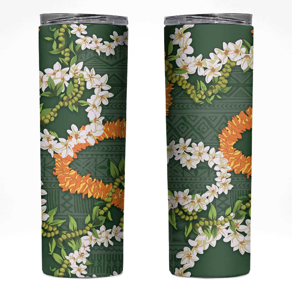 Aloha Festive Hawaii Skinny Tumbler Mokihana - Maile and Ilima on Forest Green - Polynesian Pride