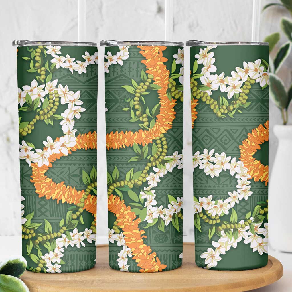 Aloha Festive Hawaii Skinny Tumbler Mokihana - Maile and Ilima on Forest Green - Polynesian Pride