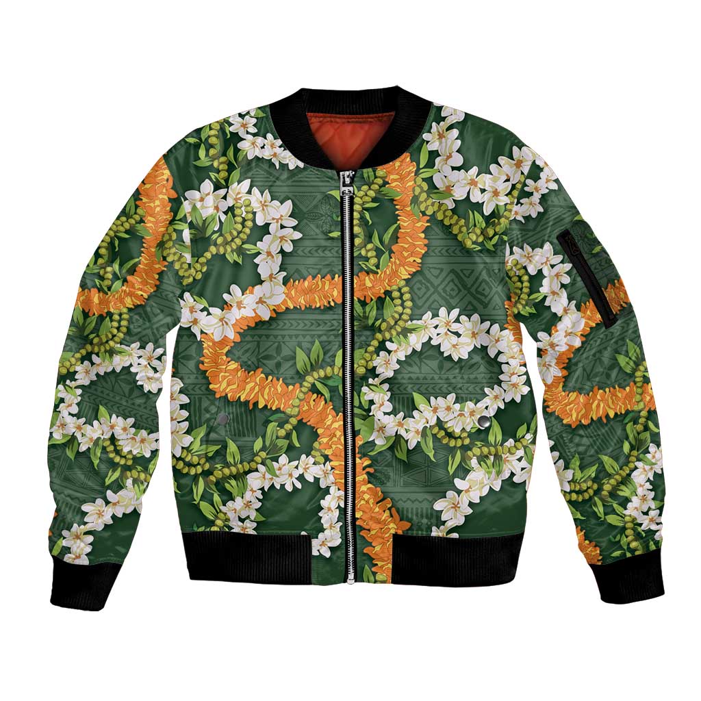 Aloha Festive Hawaii Sleeve Zip Bomber Jacket Mokihana - Maile and Ilima on Forest Green LT7 Unisex Forest Green - Polynesian Pride
