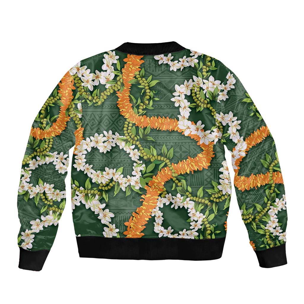Aloha Festive Hawaii Sleeve Zip Bomber Jacket Mokihana - Maile and Ilima on Forest Green LT7 - Polynesian Pride