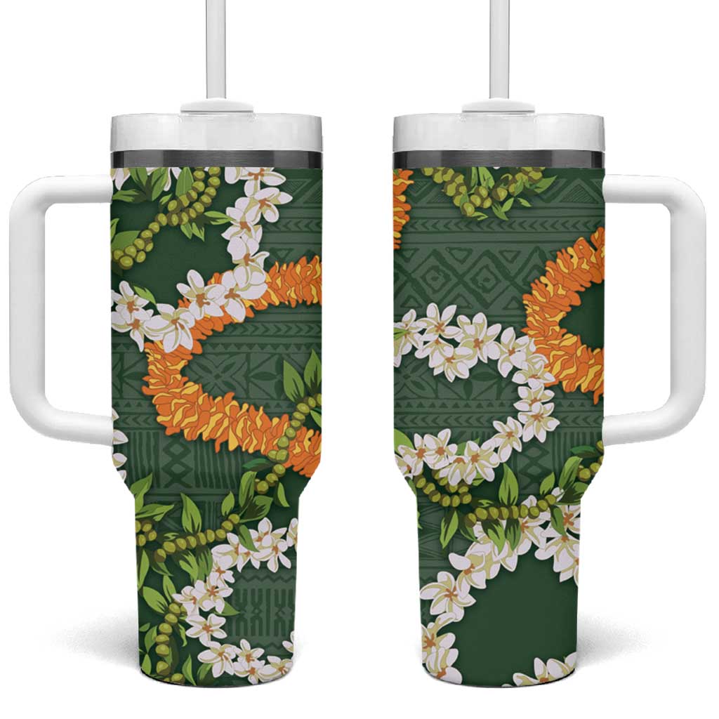 Aloha Festive Hawaii Tumbler With Handle Mokihana - Maile and Ilima on Forest Green - Polynesian Pride