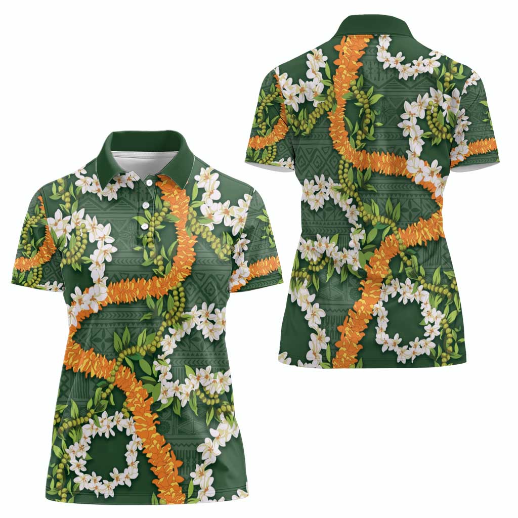 Aloha Festive Hawaii Women Polo Shirt Mokihana - Maile and Ilima on Forest Green - Polynesian Pride