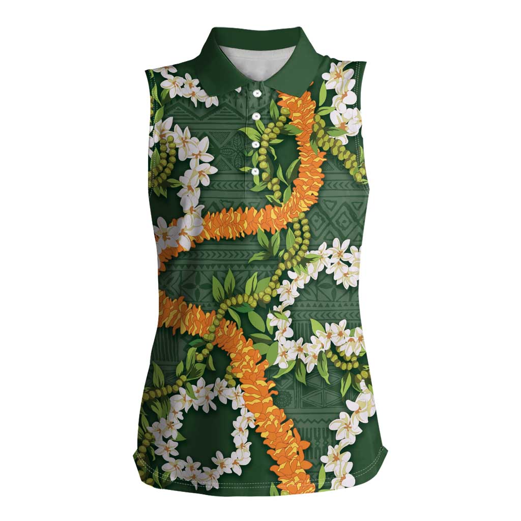 Aloha Festive Hawaii Women Sleeveless Polo Shirt Mokihana - Maile and Ilima on Forest Green - Polynesian Pride