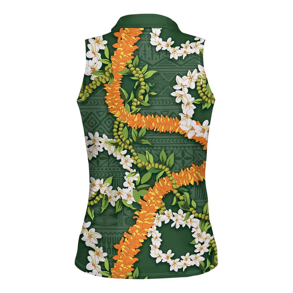 Aloha Festive Hawaii Women Sleeveless Polo Shirt Mokihana - Maile and Ilima on Forest Green - Polynesian Pride