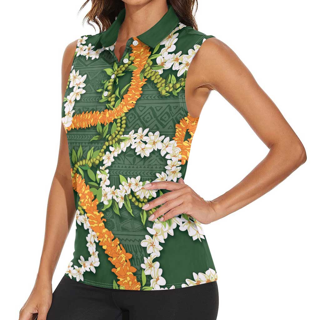 Aloha Festive Hawaii Women Sleeveless Polo Shirt Mokihana - Maile and Ilima on Forest Green - Polynesian Pride