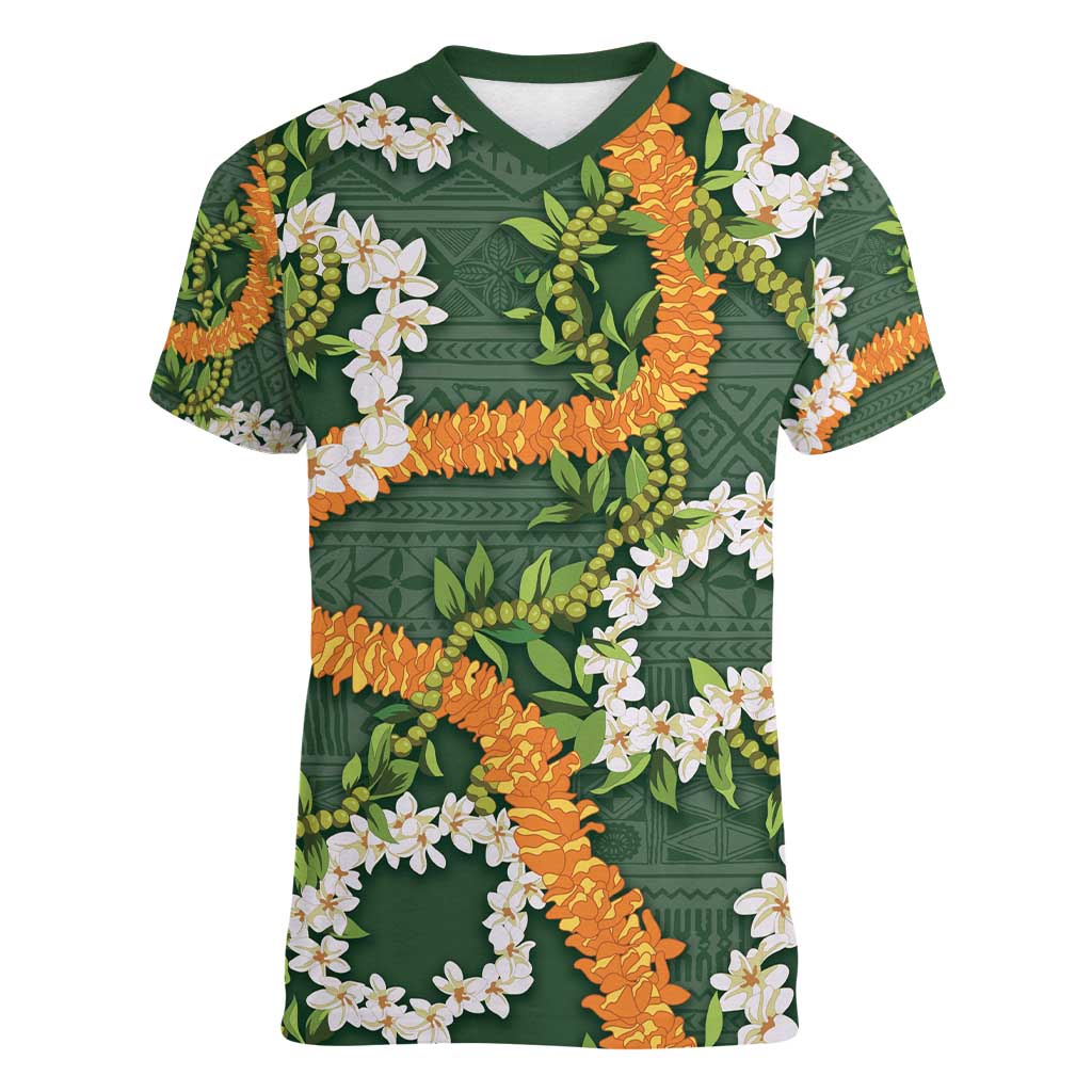 Aloha Festive Hawaii Women V-Neck T-Shirt Mokihana - Maile and Ilima on Forest Green - Polynesian Pride
