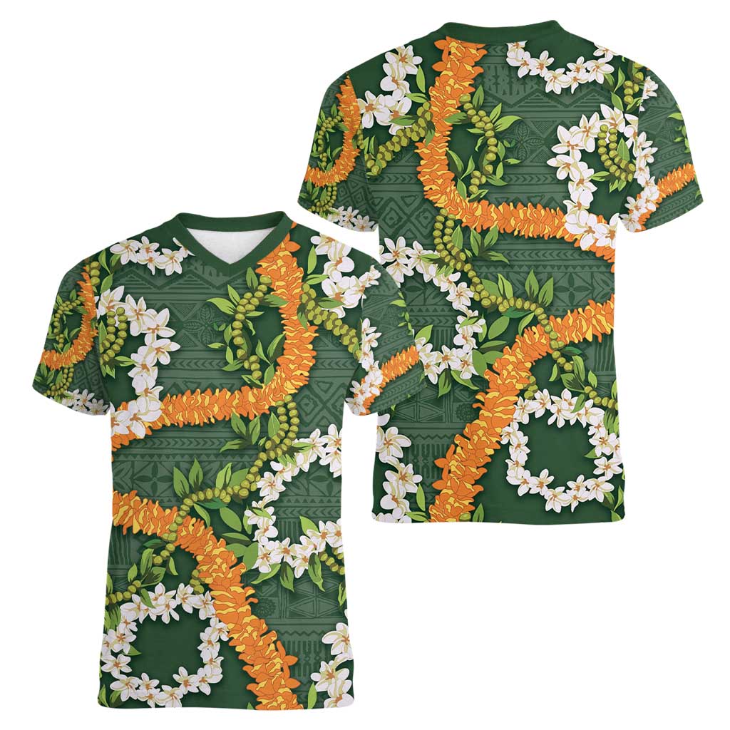 Aloha Festive Hawaii Women V-Neck T-Shirt Mokihana - Maile and Ilima on Forest Green - Polynesian Pride