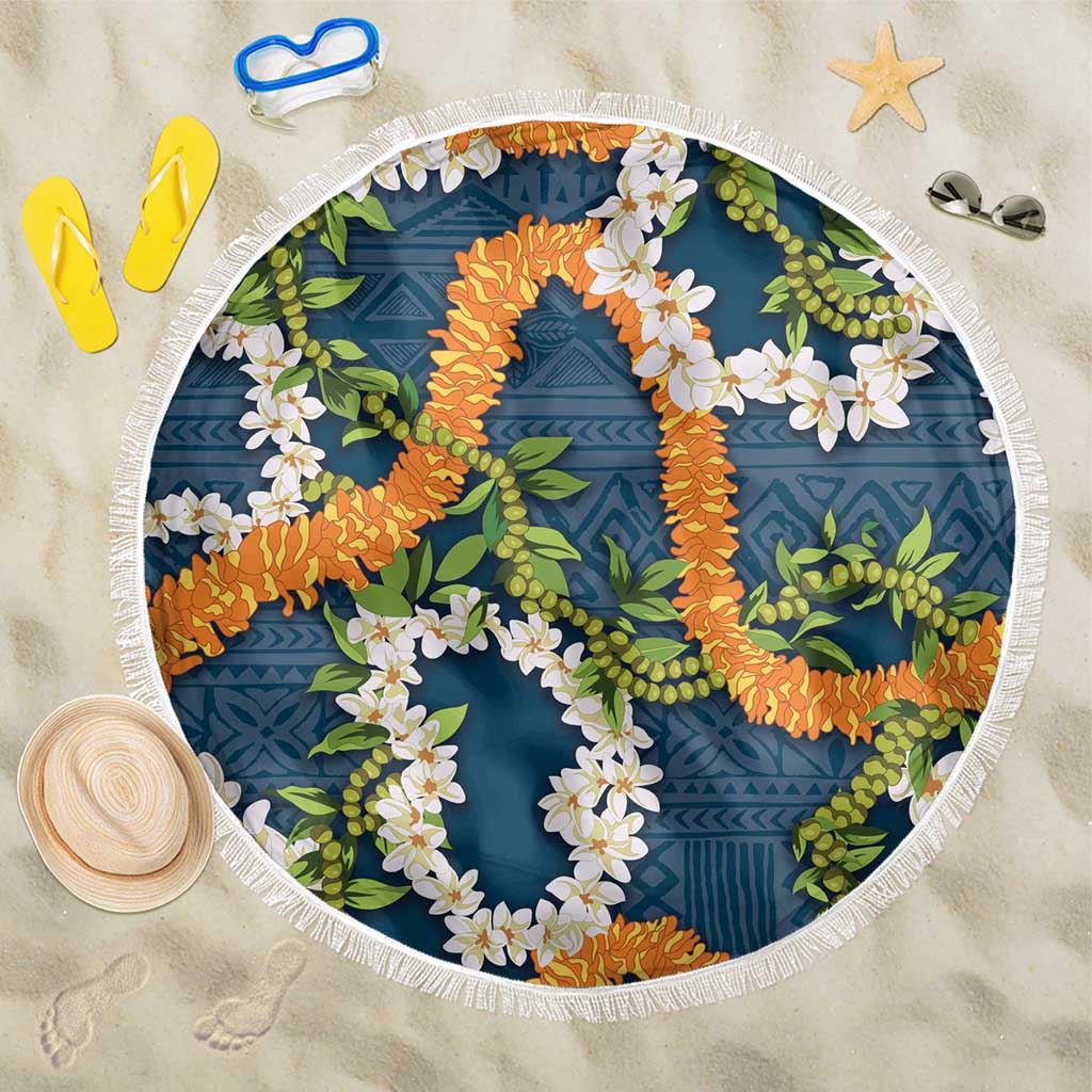 Aloha Festive Hawaii Beach Blanket Mokihana - Maile and Ilima on Navy Blue LT7 One Size 150cm Navy Blue - Polynesian Pride