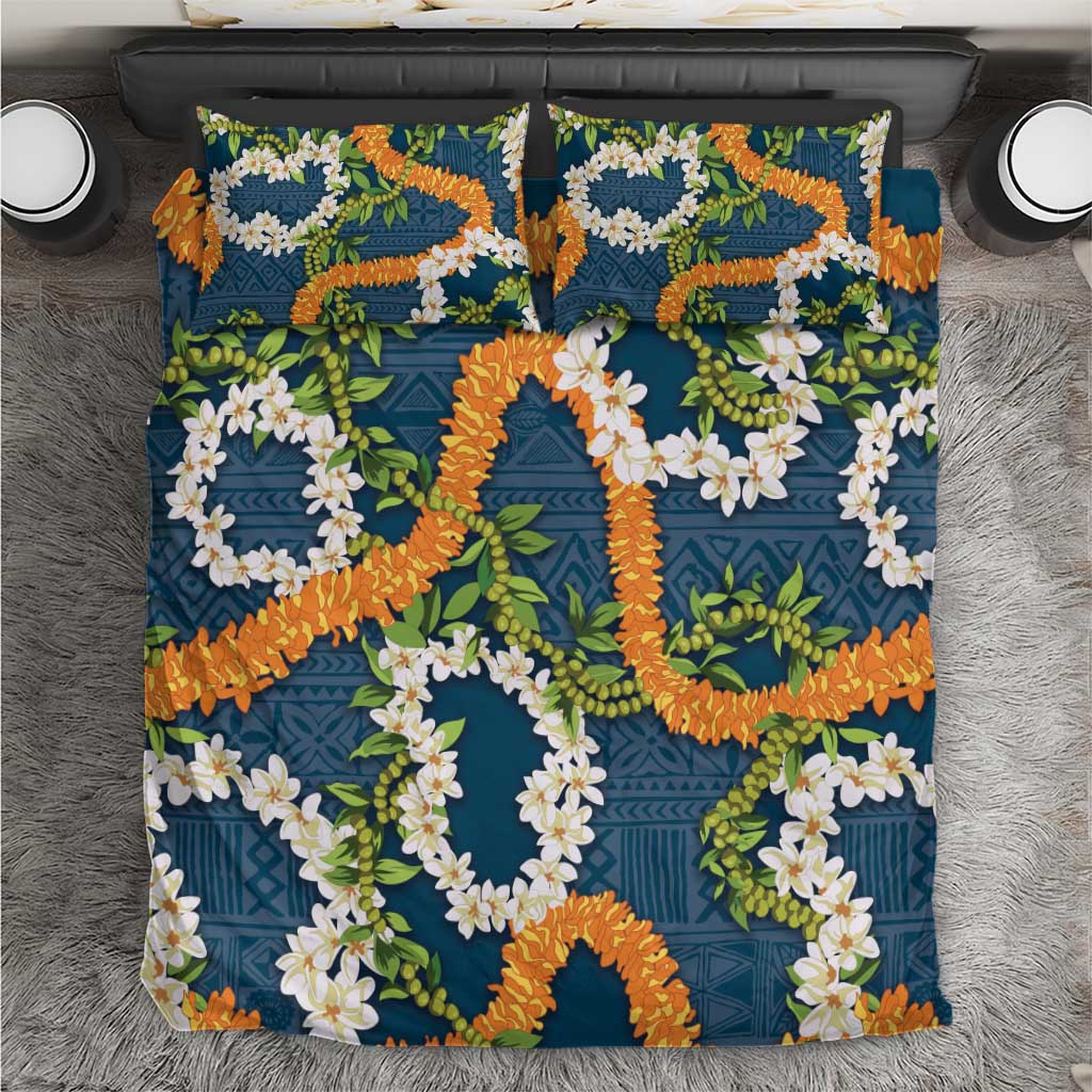Aloha Festive Hawaii Bedding Set Mokihana - Maile and Ilima on Navy Blue - Polynesian Pride