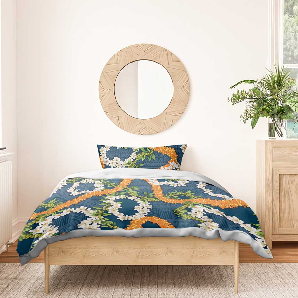 Aloha Festive Hawaii Bedding Set Mokihana - Maile and Ilima on Navy Blue - Polynesian Pride