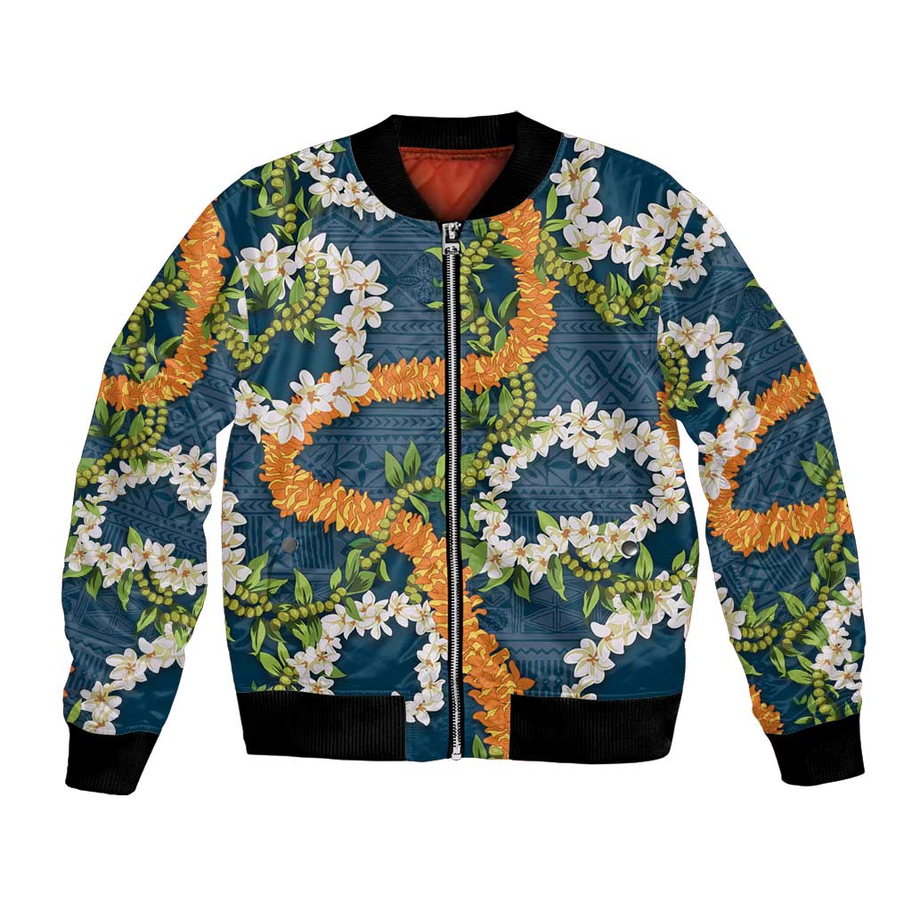 Aloha Festive Hawaii Bomber Jacket Mokihana - Maile and Ilima on Navy Blue LT7 Unisex Navy Blue - Polynesian Pride