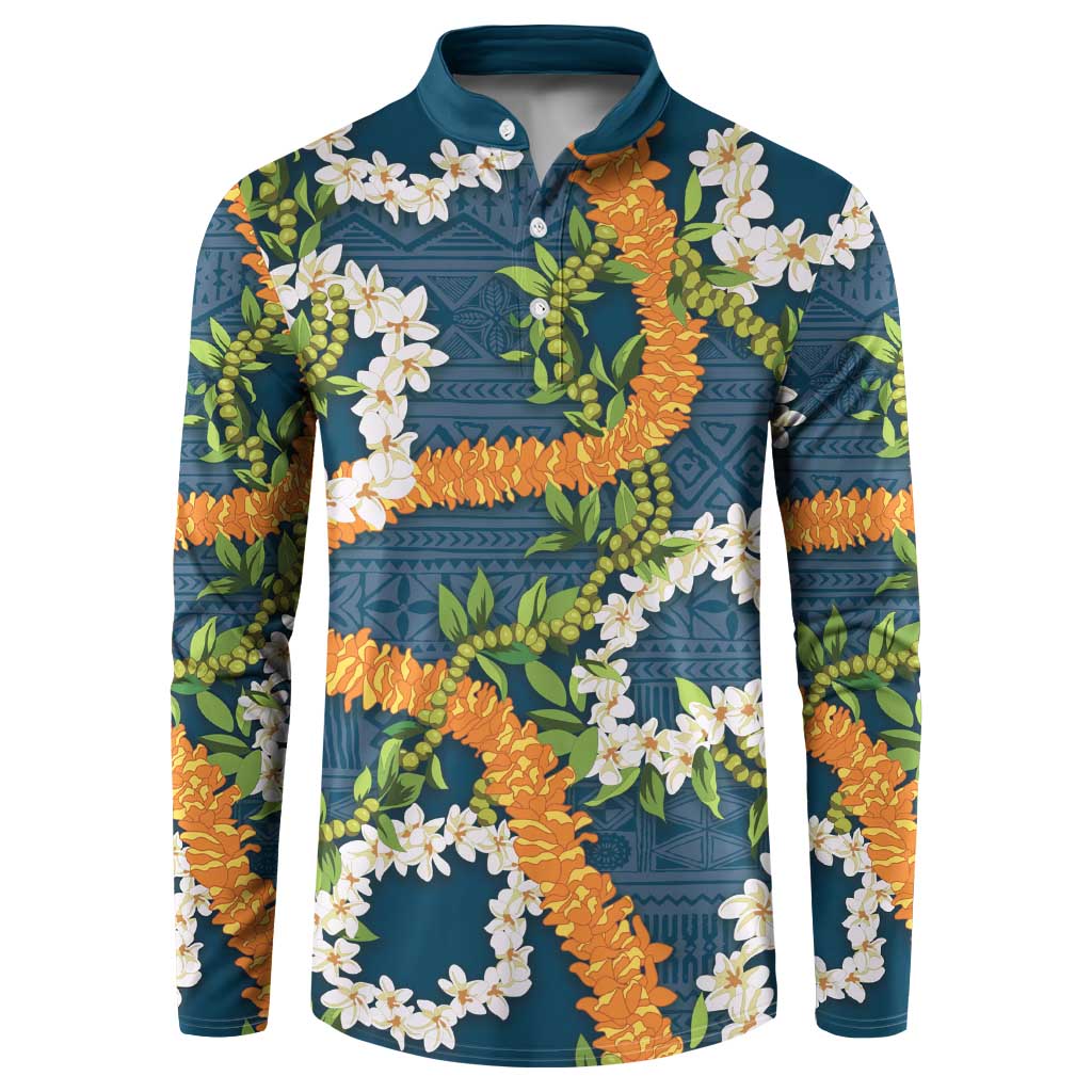 Aloha Festive Hawaii Button Sweatshirt Mokihana - Maile and Ilima on Navy Blue LT7 Navy Blue - Polynesian Pride