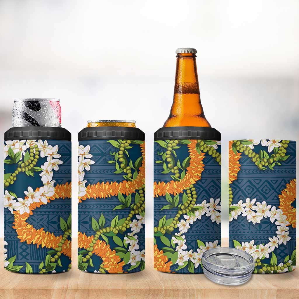Aloha Festive Hawaii 4 in 1 Can Cooler Tumbler Mokihana - Maile and Ilima on Navy Blue - Polynesian Pride