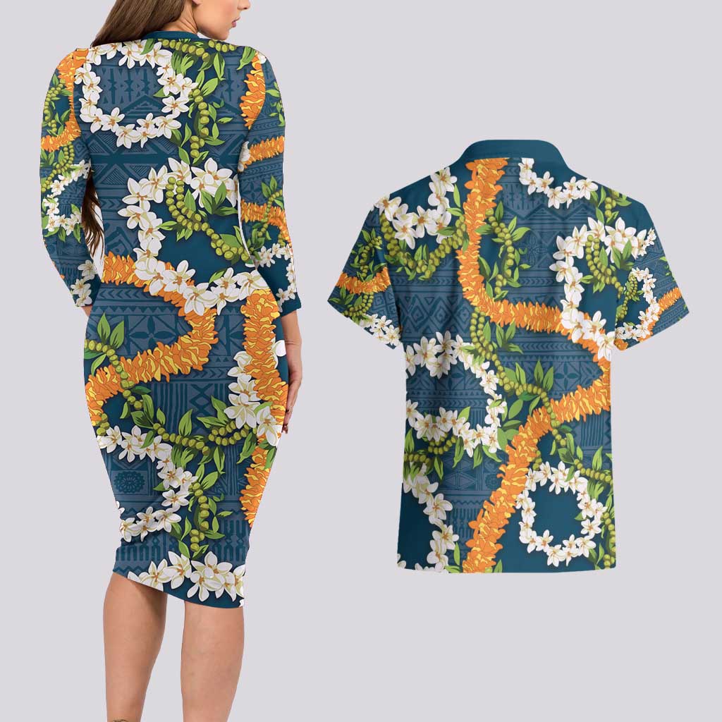 Aloha Festive Hawaii Couples Matching Long Sleeve Bodycon Dress and Hawaiian Shirt Mokihana - Maile and Ilima on Navy Blue - Polynesian Pride