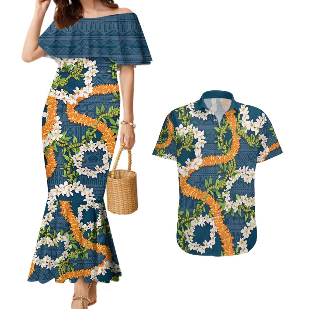 Aloha Festive Hawaii Couples Matching Mermaid Dress and Hawaiian Shirt Mokihana - Maile and Ilima on Navy Blue - Polynesian Pride