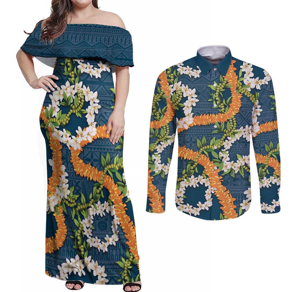 Aloha Festive Hawaii Couples Matching Off Shoulder Maxi Dress and Long Sleeve Button Shirt Mokihana - Maile and Ilima on Navy Blue - Polynesian Pride