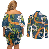 Aloha Festive Hawaii Couples Matching Off Shoulder Short Dress and Long Sleeve Button Shirt Mokihana - Maile and Ilima on Navy Blue - Polynesian Pride