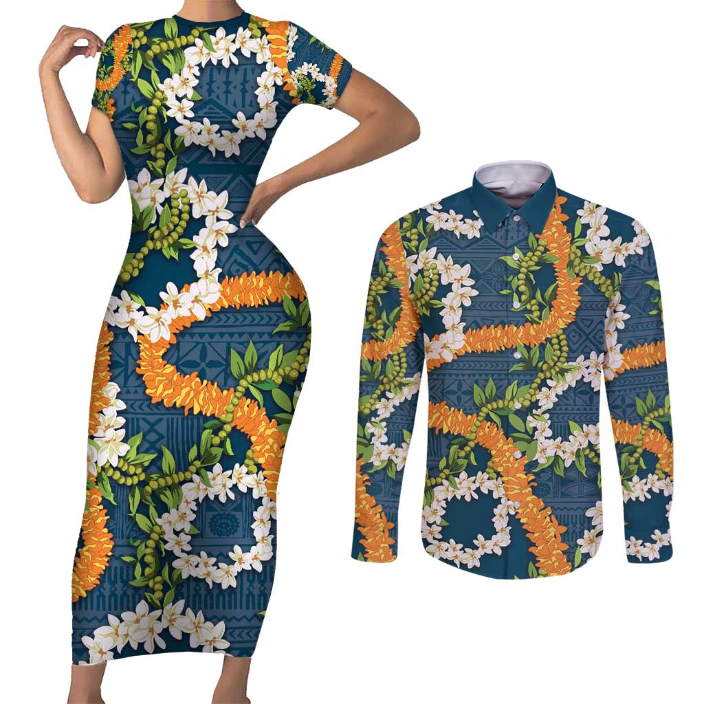 Aloha Festive Hawaii Couples Matching Short Sleeve Bodycon Dress and Long Sleeve Button Shirt Mokihana - Maile and Ilima on Navy Blue - Polynesian Pride