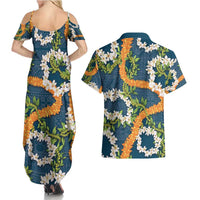 Aloha Festive Hawaii Couples Matching Summer Maxi Dress and Hawaiian Shirt Mokihana - Maile and Ilima on Navy Blue - Polynesian Pride