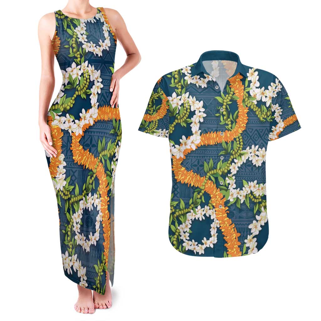 Aloha Festive Hawaii Couples Matching Tank Maxi Dress and Hawaiian Shirt Mokihana - Maile and Ilima on Navy Blue - Polynesian Pride