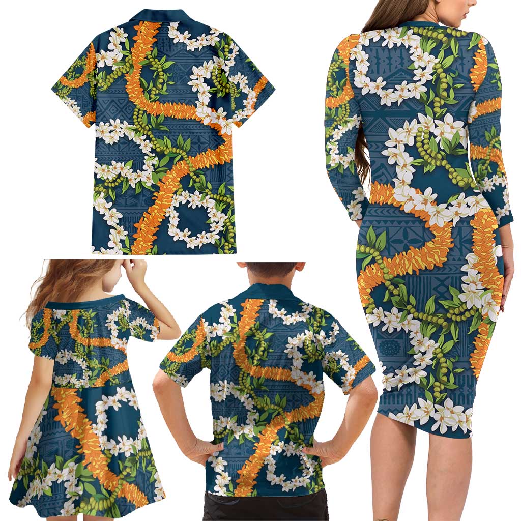 Aloha Festive Hawaii Family Matching Long Sleeve Bodycon Dress and Hawaiian Shirt Mokihana - Maile and Ilima on Navy Blue - Polynesian Pride