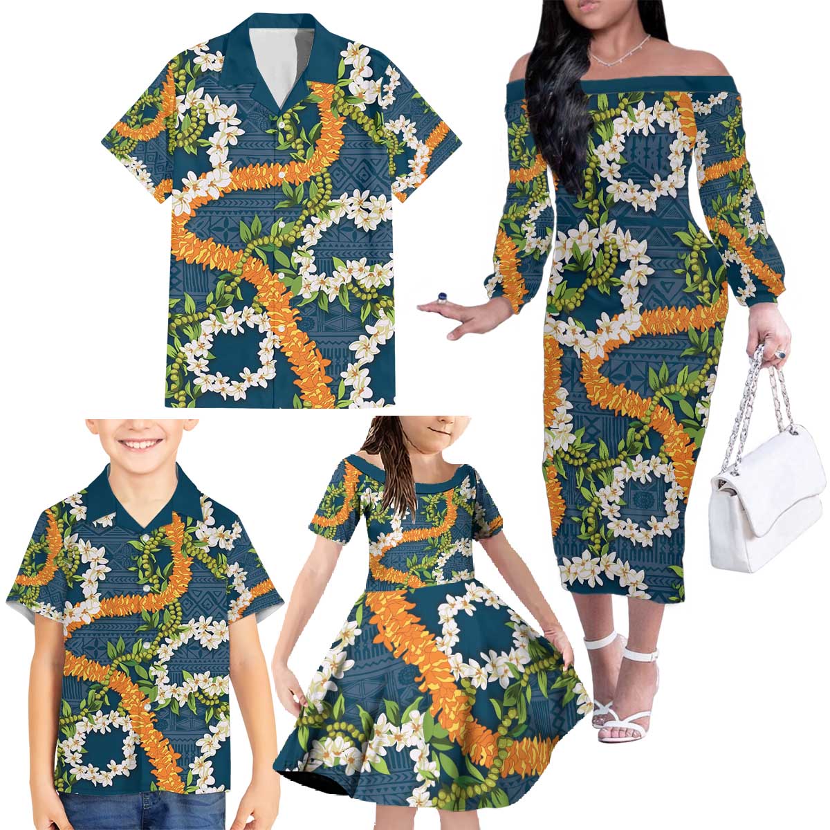 Aloha Festive Hawaii Family Matching Off The Shoulder Long Sleeve Dress and Hawaiian Shirt Mokihana - Maile and Ilima on Navy Blue - Polynesian Pride