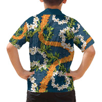 Aloha Festive Hawaii Family Matching Off Shoulder Maxi Dress and Hawaiian Shirt Mokihana - Maile and Ilima on Navy Blue LT7 - Polynesian Pride