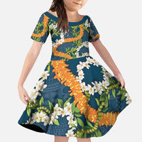 Aloha Festive Hawaii Family Matching Off Shoulder Maxi Dress and Hawaiian Shirt Mokihana - Maile and Ilima on Navy Blue LT7 Daughter's Dress Navy Blue - Polynesian Pride